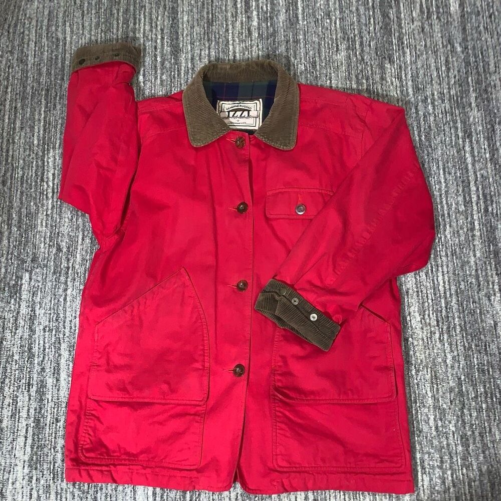 Izzi Mens Size Large Button Front Corduroy Brown Trim Barn Jacket Red Pockets
